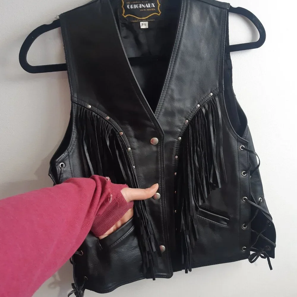 Vintage Genuine Leather Fringe Vest Biker Western Black Lace Up Made in Canada S - Picture 5 of 11